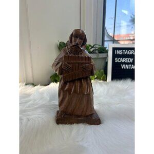 Wooden hand carved old man whimsical musical flute man